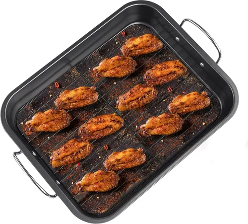 Vista 5 de Kitcom - Sartén para asar antiadherente con estante, juego de asador rectangular de 16 pulgadas x 11.5 pulgadas para asar pavo, pollo, carne