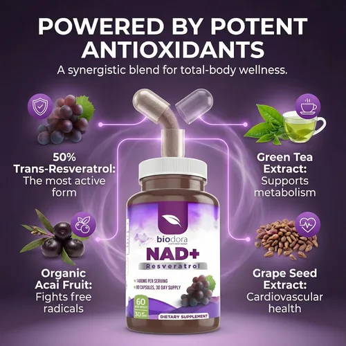 Vista 4 de Resveratrol NAD+ 1400mg Suplemento antioxidante NAD Trans-Resveratrol con NAD Apoya la salud celular, la energía y el antienvejecimiento
