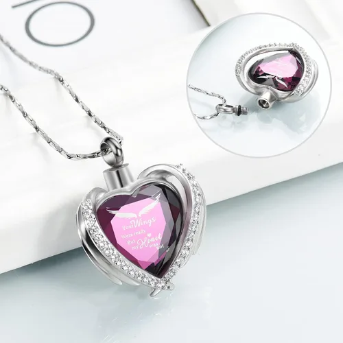 Vista 4 de Imrsanl Joyería de cremación con dije de urna de corazón de ala de ángel para mujer, urnas de cristales para cenizas humanas, medallón