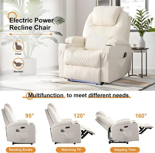 Vista 4 de AHMED Silla reclinable eléctrica con masaje por vibración y calor para adultos, asiento de cine en casa de piel sintética con portavasos, luces LED