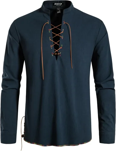 Vista 2 de JEMITOP Men's Pure Cotton Retro Lace Up Shirts for Renaissance Pirate Medieval Viking