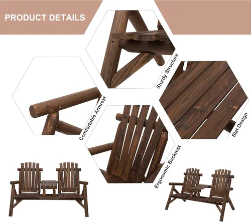 Vista 5 de Silla Adirondack de madera de 2 asientos, juego de sillas para exteriores con mesa auxiliar central, silla Adirondack de dos plazas al aire libre