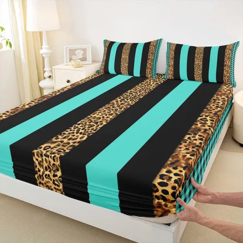 Vista 21 de Manfei Leopard Print Fitted Sheet Twin Size,Blue Brown Black Stripes Bedding Set 2pcs,Wild Animal Cheetah Skin Bed Sheets with 1 Pillowcase,Kids