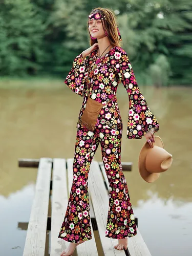 Vista 7 de Paquete de 8 disfraces hippie de los años 70 para mujer, manga superior, pantalones bohemios, acampanados, accesorios para disfraz de Halloween
