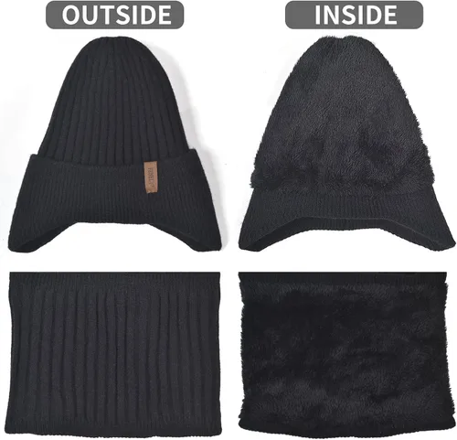 Vista 5 de Gorro de invierno para hombre, guantes para pantalla táctil, calentador de cuello 3 en 1, conjunto con forro polar