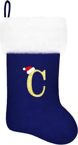 Vista 104 de Calcetines de Navidad bordados de 20 pulgadas con monograma, terciopelo negro con puño de felpa blanca supersuave, adornos clásicos para decoración