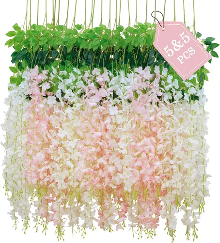 Vista 19 de BLEUM CADE 10 Piezas Flores Colgantes de Glicina Falsa Negra, 3.6 Pies/Pieza Guirnalda de Glicina Artificial, Flores Colgantes para Boda Fiesta