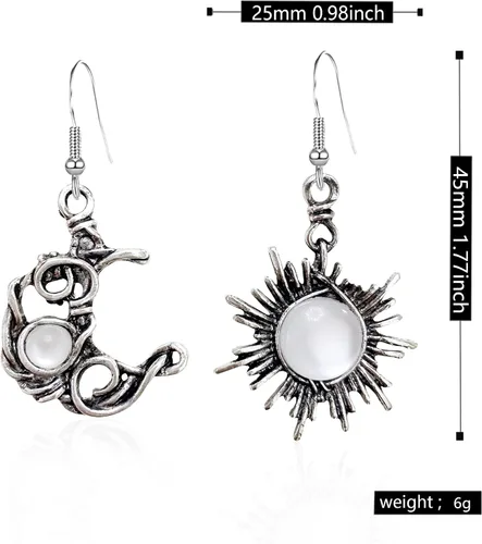 Vista 4 de Aretes colgantes vintage bohemios de ópalo con forma de sol y luna, piedra de luna, gancho de piedra natural, bohemios para mujeres y niñas, joyería