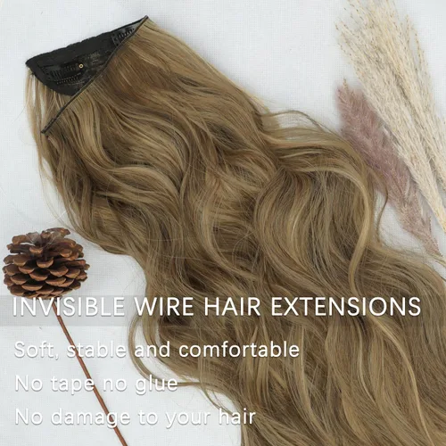 Vista 2 de Extensiones de cabello largo ondulado rubio miel con reflejos, línea de pescado transparente, postizo sintético con 4 clips de seguridad, diadema
