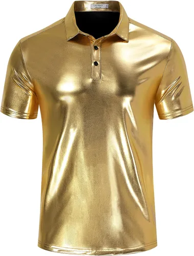 Vista 2 de TURETRENDY Camisa de discoteca de los años 70 para hombre, con lentejuelas brillantes, manga corta, para fiesta, polo hipster, discoteca, baile