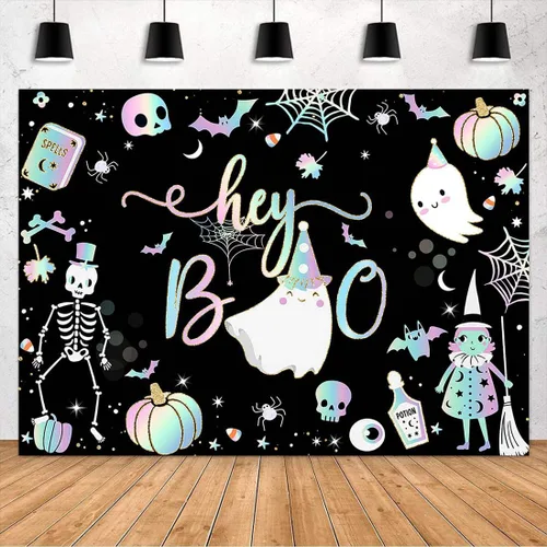 Vista 4 de Avezano Cartel de fondo de Halloween de Hey Boo de 7 x 5 pies, pancarta espeluznante de Little Boo, decoraciones para fiestas de Halloween para Negro