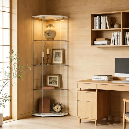 Vista 29 de Armario esquinero de cristal templado con 4 estantes de 64 pulgadas de alto, gabinete de licor de 5 lados con luces LED, bloqueo y pies ajustables