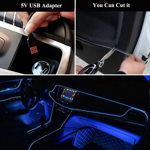 Vista 6 de Luces de cable EL para el interior del coche, luz de panel azul neón de 16 pies/5 m, tira de luz LED para coche, USB 5V, decoración