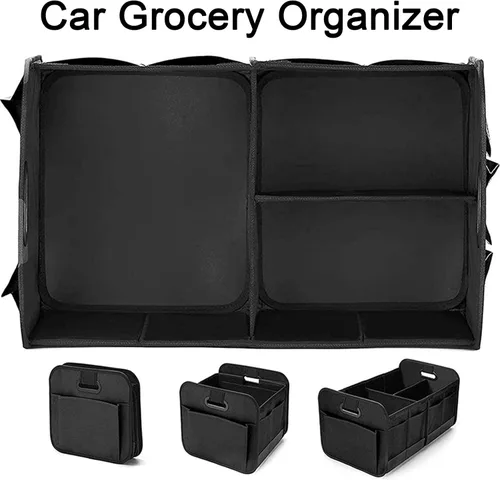 Vista 3 de Organizador de maletero de automóvil, organizador plegable para maletero de automóvil con 3 compartimentos y 10 bolsillos laterales, antideslizante