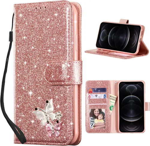 Vista 18 de UEEBAI Funda tipo cartera para iPhone 11, funda de piel sintética con purpurina para teléfono, ranuras para tarjetas, funda con función atril Negro