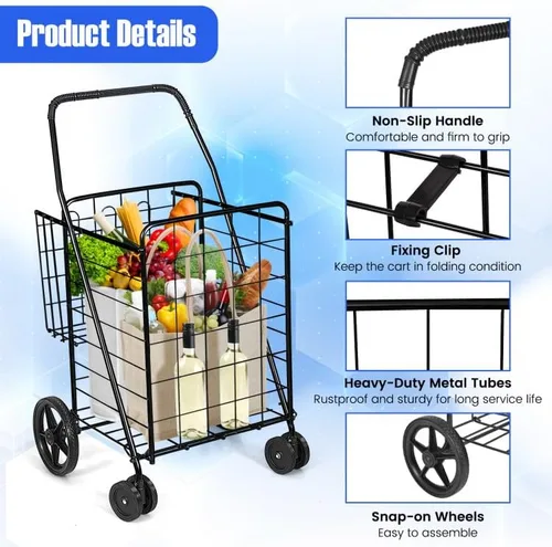 Vista 6 de Carrito de compras plegable, carrito utilitario resistente con ruedas giratorias y cesta doble, carrito de comestibles para comestibles, lavandería