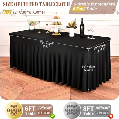 Vista 2 de fani Paquete de 2 faldas de mesa elásticas negras para mesa rectangular de 6 pies, manteles elásticos de elastano lavables con falda, mantel