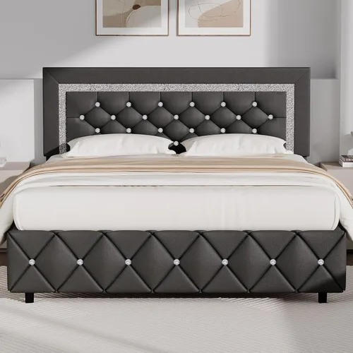 Vista 8 de BarnFurin Base de cama individual con cabecero, cama tapizada con diseño capitonado de diamante, marco de cama para niños con soporte de listones