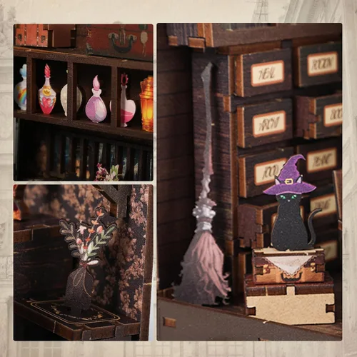 Vista 5 de Kit de rincón de libros de bricolaje – Estantería de casa de muñecas en miniatura, rompecabezas de estantería de madera 3D, rompecabezas creativo