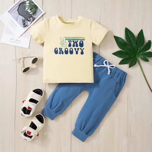 Vista 9 de Pudcoco Conjunto de camiseta de manga corta con letras y pantalones largos sólidos para el verano
