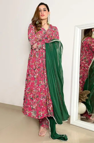 Vista 5 de Janasya Kurta con estampado floral digital de Georgette rosa indio para mujer con Palazzo y Dupatta