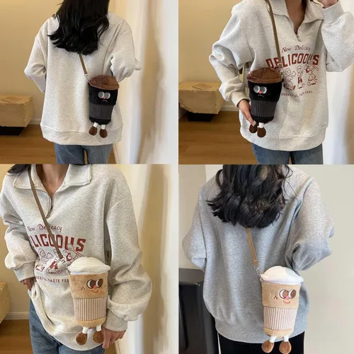 Vista 3 de Bolso cruzado de felpa para niñas, monederos de felpa, monederos kawaii, bolso de hombro para mujer, regalos de cumpleaños, café