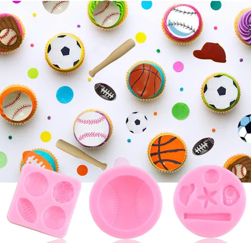Vista 4 de ZiXiang Moldes de silicona para béisbol, bate de béisbol, guante, sombrero, fondant, baloncesto, fútbol, rugby, chocolate para decoración