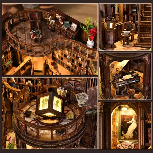Vista 7 de Kit de rincón de libros en miniatura para casa de muñecas, rompecabezas de madera 3D con luz, decoración de estantería de casa pequeña, construcción
