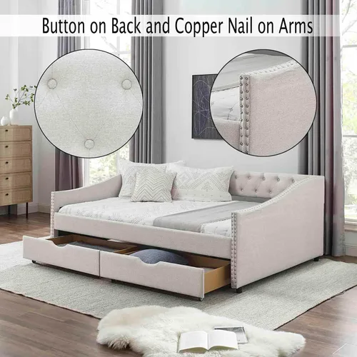 Vista 4 de Sofá cama individual con 2 cajones, moderno sofá cama tapizado con botón en la espalda y clavos de cobre en los brazos, sofá cama, marco de cámara