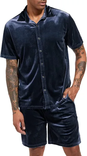 Vista 2 de LecGee Conjunto de pantalones cortos casuales de verano para hombre, camisa de terciopelo de manga corta con botones, pantalones cortos de cintura