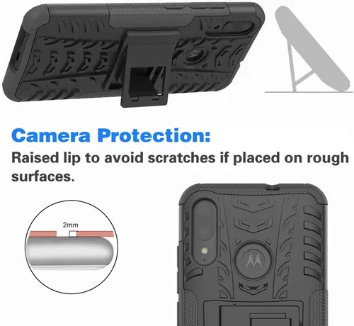 Vista 4 de Funda para teléfono Moto E6 Plus con protector de pantalla de vidrio templado y soporte, accesorios de protección híbrida dura, resistente, Negro