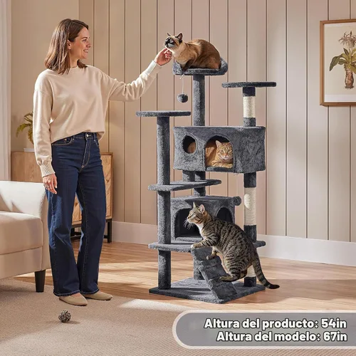 Vista 2 de Yaheetech Árbol para gatos de 54 pulgadas, torre para gatos de varios niveles con espaciosa percha de orejas de gatito, 2 cuevas acogedoras, postes