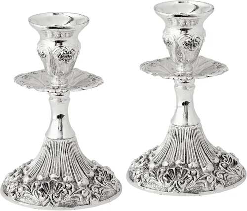 Vista 6 de Ner Mitzvah Candelabros chapados en plata, par de portavelas ornamentados de 4 pulgadas con base redonda y diseño floral (paquete de 2)