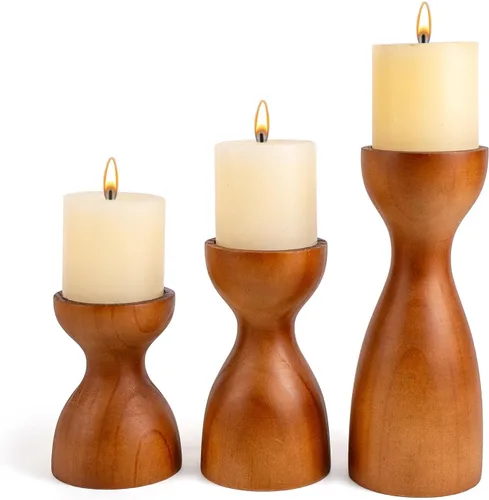 Vista 9 de Portavelas de madera de granja para velas de pilar, juego de 3 portavelas de madera rústica con cuerda de cáñamo, decoración de mesa de mesa