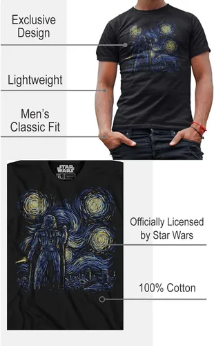 Vista 2 de STAR WARS Starry Night Darth Vader Van Gogh Men's Adult Graphic T-Shirt Black