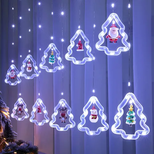 Vista 13 de BLOOMWIN Luces de Ventana de Navidad Decoraciones de Ventana Navideñas Iluminadas - Luz de Anillo en Forma de Árbol con Luz de Cortina de Ornamento