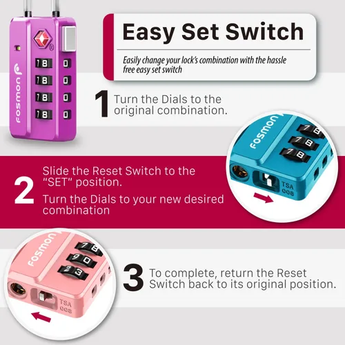 Vista 5 de Fosmon Cerraduras de equipaje aprobadas por la TSA para equipaje y maleta, mini cerraduras de cable largo con 4 combinaciones e interruptor de fácil