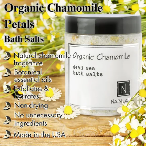 Vista 2 de Nabila K - Sales de baño orgánicas de manzanilla – Sal del Mar Muerto y sal de Epsom exfoliante y remojar – Exfolia e hidrata la piel, aceites