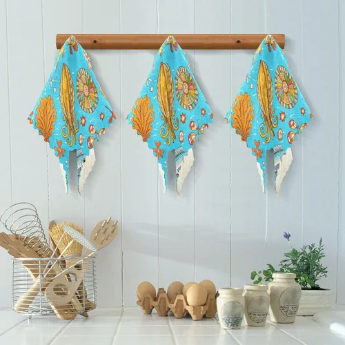 Vista 5 de Retro Sea Fish Cuttlefish Blue Absorbent bar Towels Tea Towel Set Terry Dish Cloths for Kitchen Print Camping Soft Martillo para cocina 11x11in 6