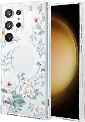 Vista 11 de Funda magnética para Samsung Galaxy S22 Ultra Flower, compatible con MagSafe, patrón floral transparente a prueba de golpes, parte trasera