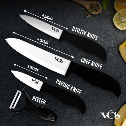 Vista 2 de Vos Juego de cuchillos de cerámica con pelador, juego de cuchillos de cerámica para cocina, juego de cuchillos de cocina ultra afilados con fundas