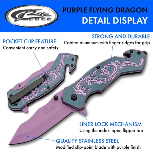 Vista 2 de SZCO 7.75" Cuchillo plegable de utilidad de rescate con apertura asistida Flying Dragon (Morado)