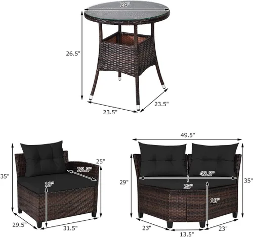 Vista 5 de Tangkula - Juego de muebles de patio de 4 piezas en forma de C de mimbre para exteriores, con cojines y mesa de centro con cubierta de cristal