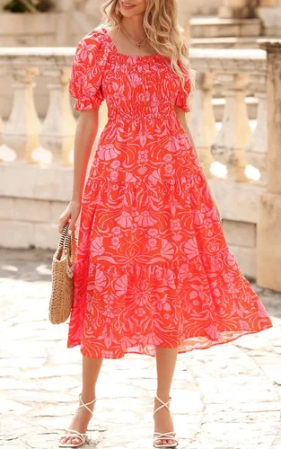 Vista 6 de PRETTYGARDEN Vestidos de verano con estampado floral bohemio para mujer, cuello cuadrado, manga abombada, acampanado, vestido largo casual fruncido