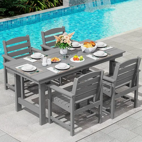 Vista 49 de SERWALL Juego de mesa de comedor de 7 piezas, muebles de comedor de polietileno de alta densidad para exteriores con agujero para paraguas y 6 Negro