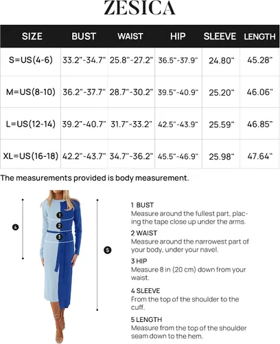 Vista 6 de ZESICA Vestido de punto acanalado para mujer, elegante vestido de manga larga con cuello redondo y lazo en la cintura, ajustado, vestido midi