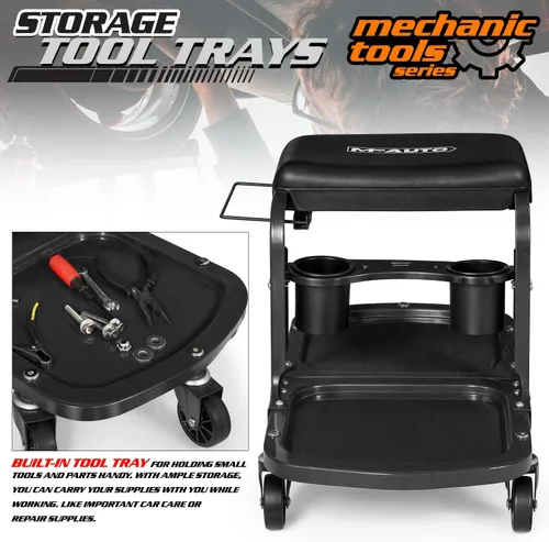 Vista 4 de M-AUTO Asiento de rodillo para garaje, taburete de taller mecánico resistente con bandeja para herramientas y estante para equipos, asiento