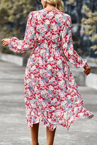 Vista 2 de PrettyGarden Vestido largo bohemio con estampado floral para mujer, manga larga, cuello en V cruzado, volantes, cinturón, acampanado, al tobillo