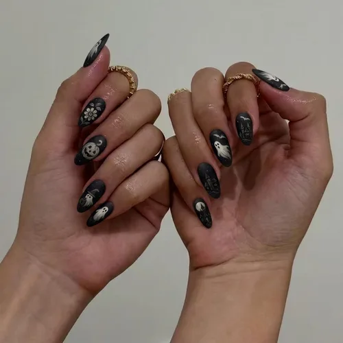 Vista 23 de Uñas postizas a presión de Halloween, uñas postizas de almendra, cobertura completa, uñas postizas rojas con diseños de gotas de sangre, punta 14