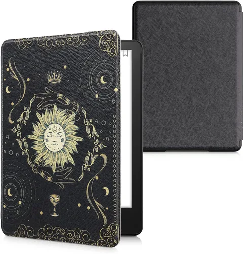 Vista 38 de kwmobile Funda compatible con Amazon Kindle Paperwhite 11. Generación 2021 - Funda para lector electrónico - Libros y páginas Beige/Marrón/Dorado